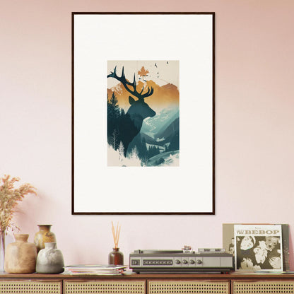 Framed canvas print of a deer silhouette in Stag Haze for stylish room decoration