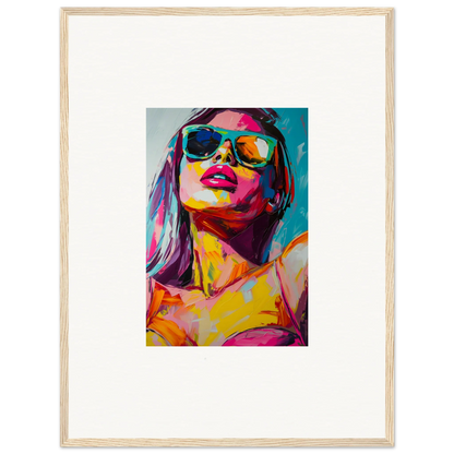 Colorful canvas print portrait of a woman in sunglasses perfect for room decoration