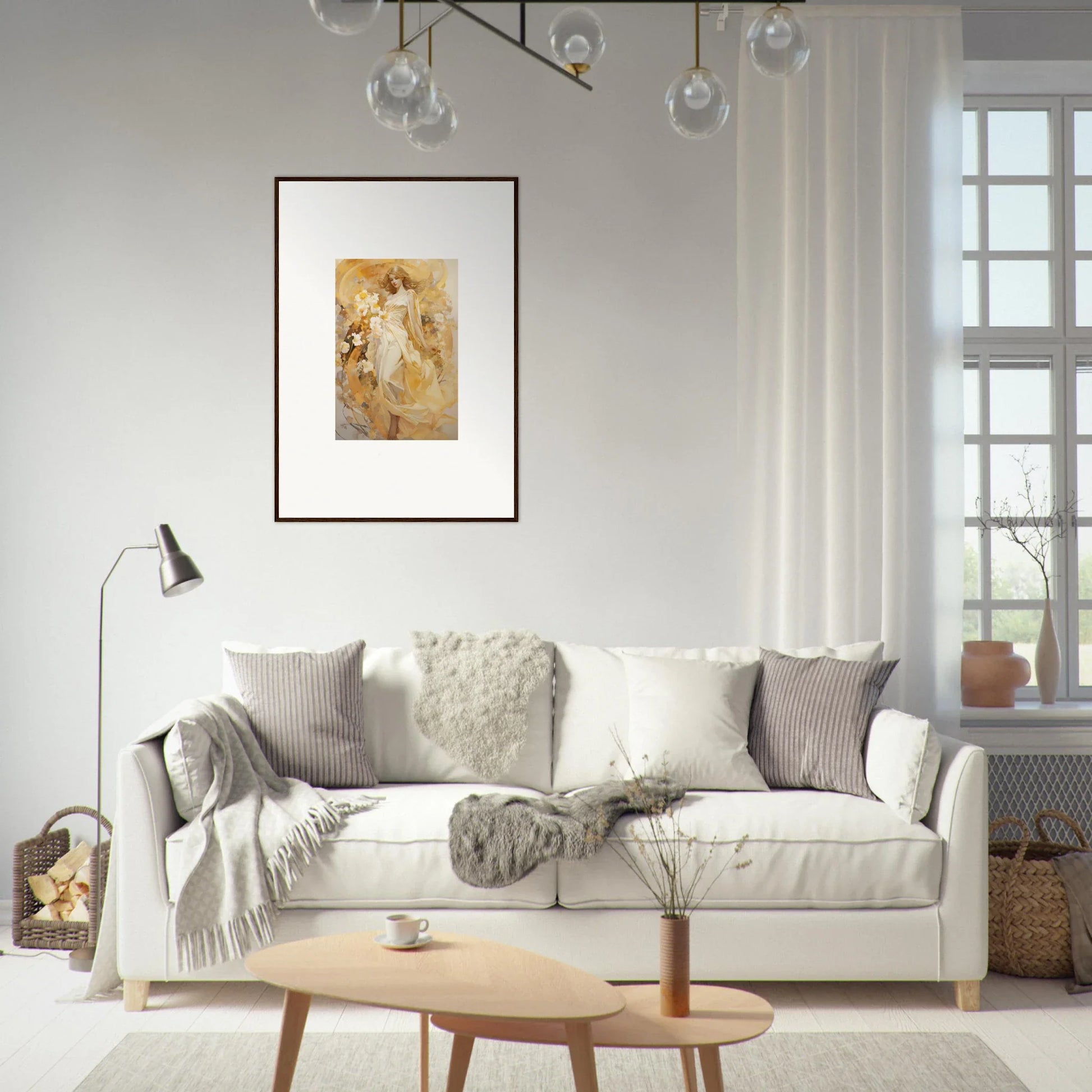 Cozy white sofa with gray pillows perfect for ethereal symphony room decoration