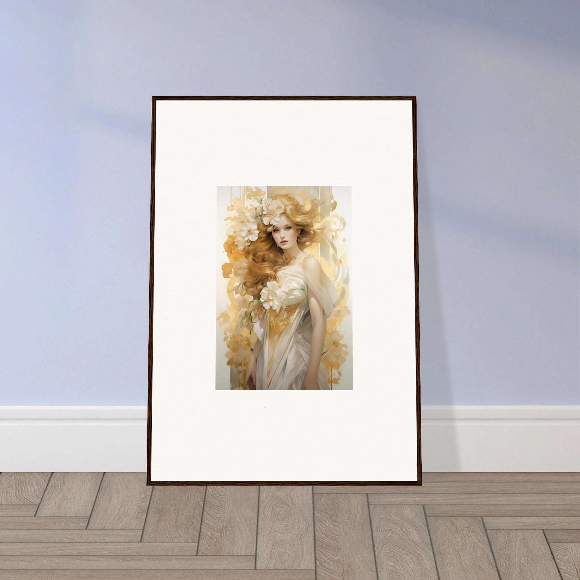 Framed wall art of Ethereal Flora Serenade in warm golden tones for elegant room decor