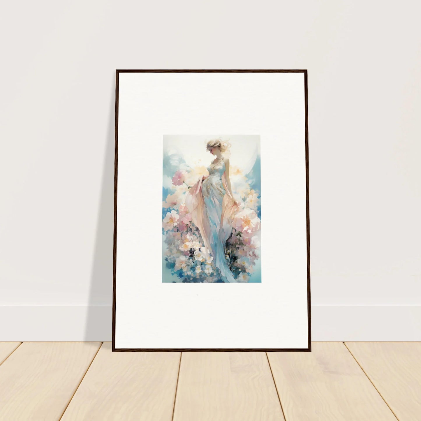 Framed canvas print of Ether Dreaming Effulgence, featuring a dreamy female figure in flowers