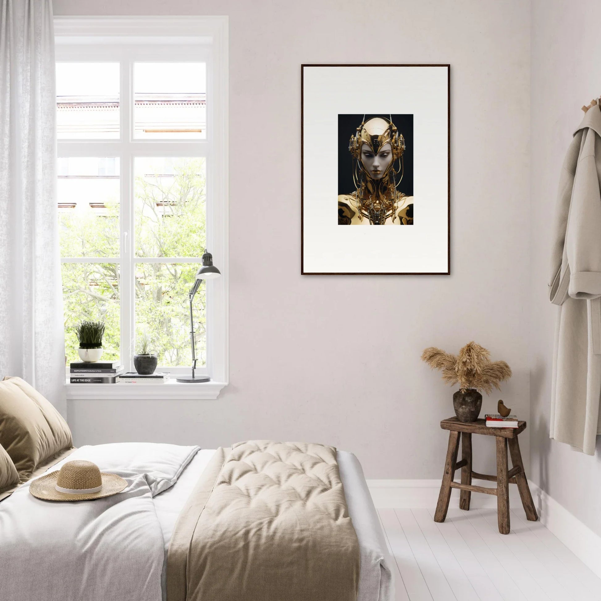 Serene bedroom featuring a canvas print of Chirping Inventrix for stylish room decoration