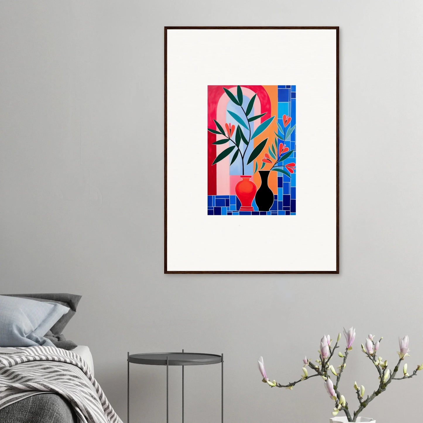 Framed wall art of colorful geometric shapes and ceramic blooms for stylish room decor