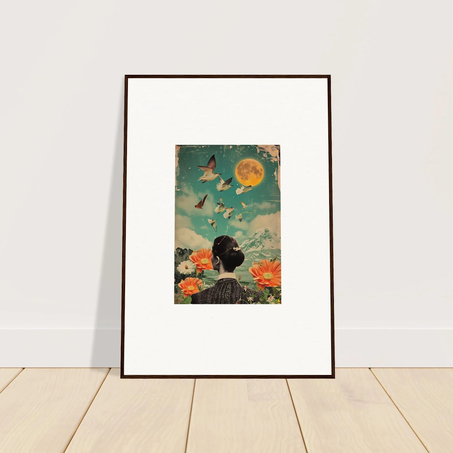 Framed canvas print of Lunar Bloom Reverie, blending surreal silhouettes and celestial flowers