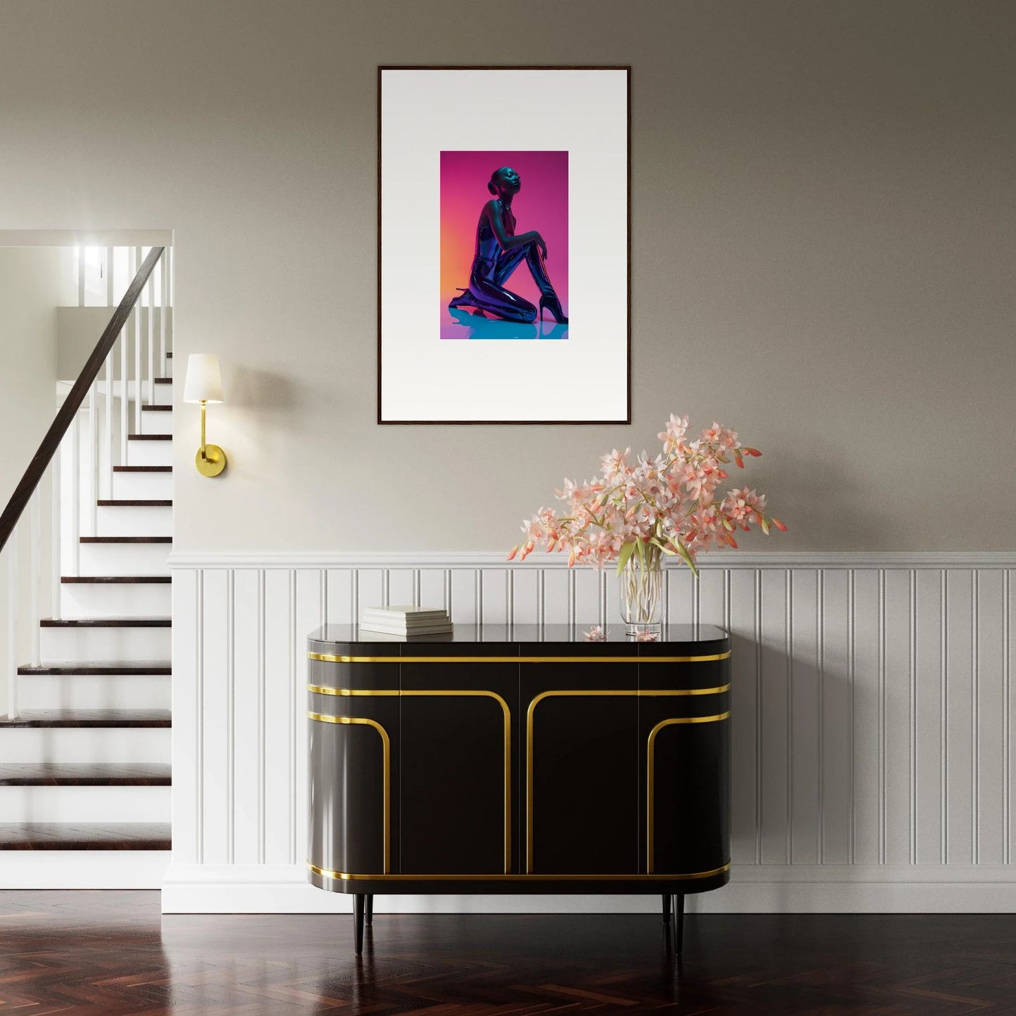 Framed Neon Vortex canvas print of a silhouetted figure on a vibrant pink and orange background