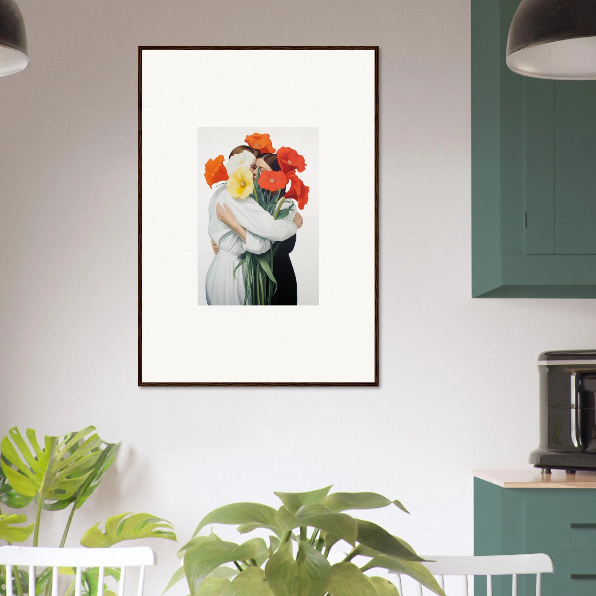 Framed canvas print of Floral Vortex Embrace with a figure and flower bouquet head