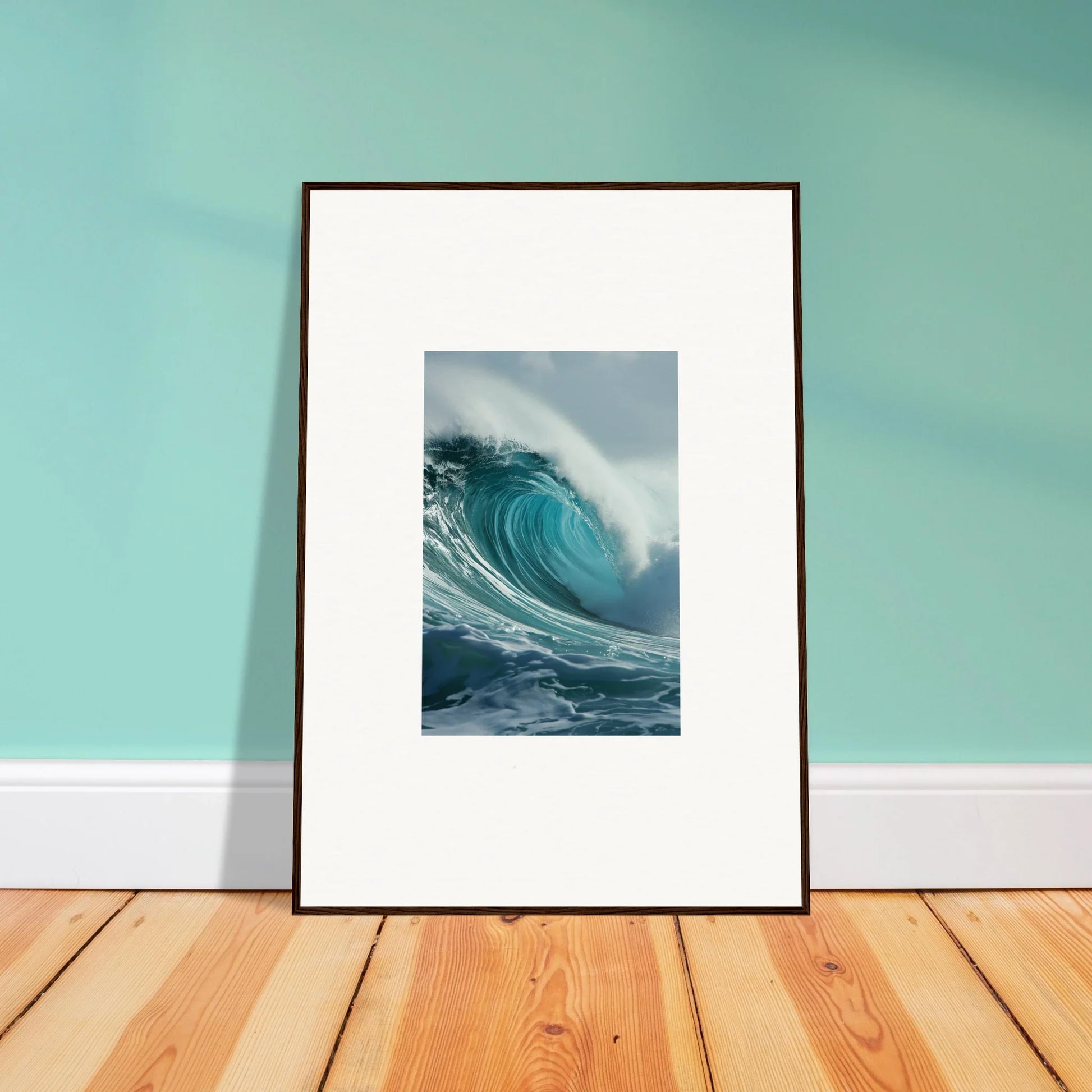 Framed photo of a powerful ocean wave, perfect for room decoration and wall art