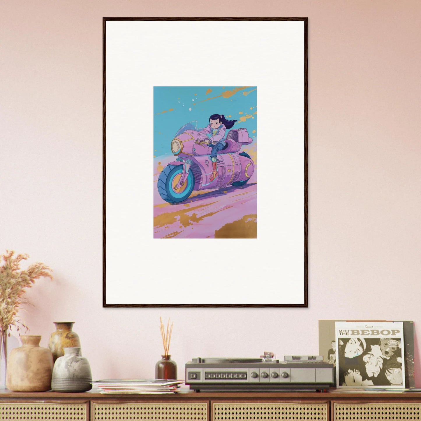 Framed canvas print of an animated character on a purple motorcycle for fun room decoration