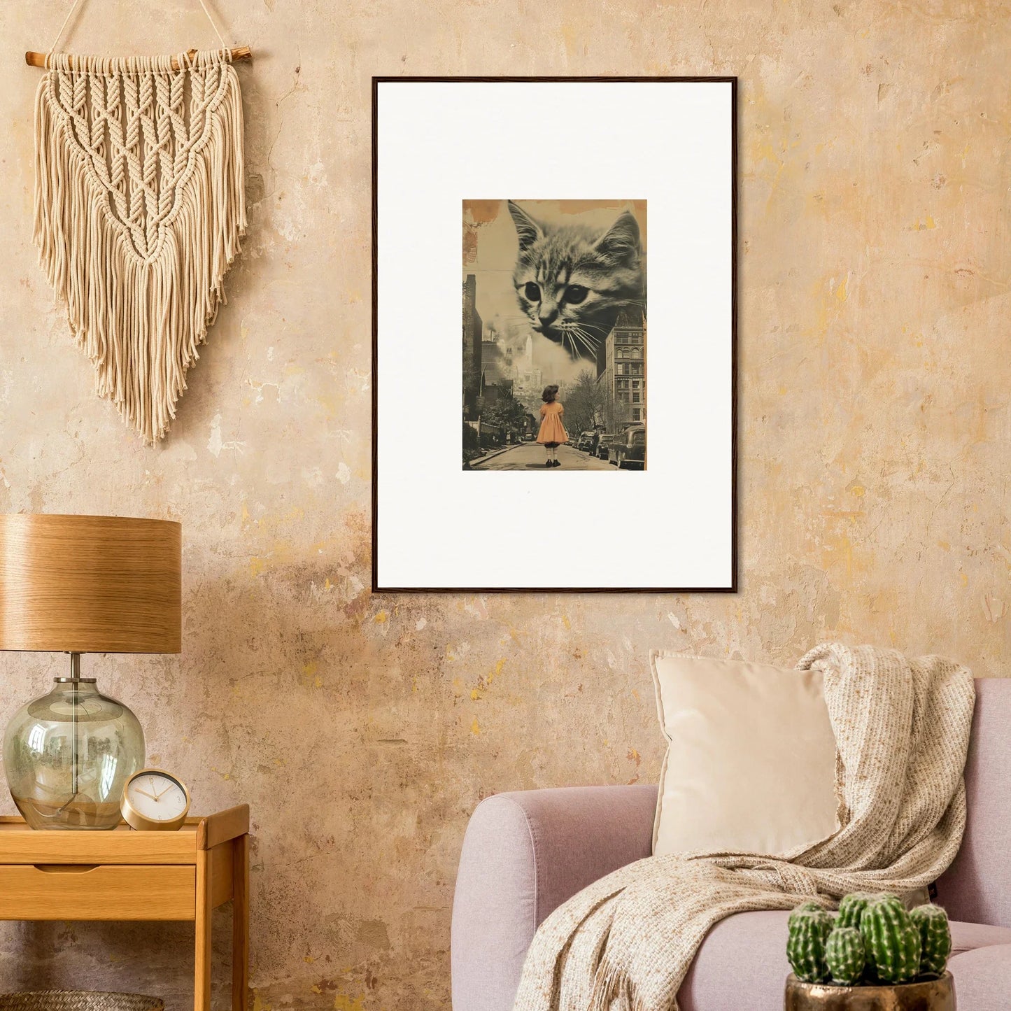 Framed canvas print of a giant cat over a cityscape, perfect wall art for room decoration