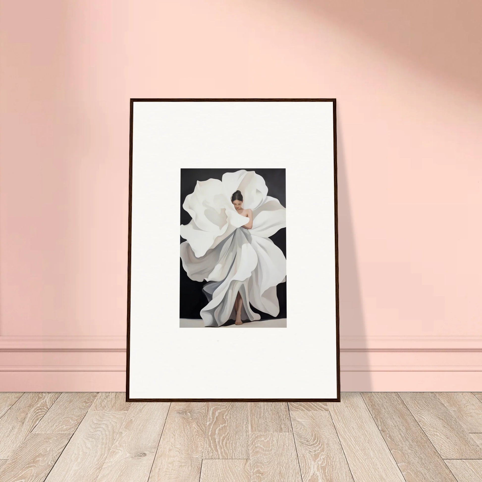 Framed black-and-white photo of a figure in a white dress for elegant room decoration