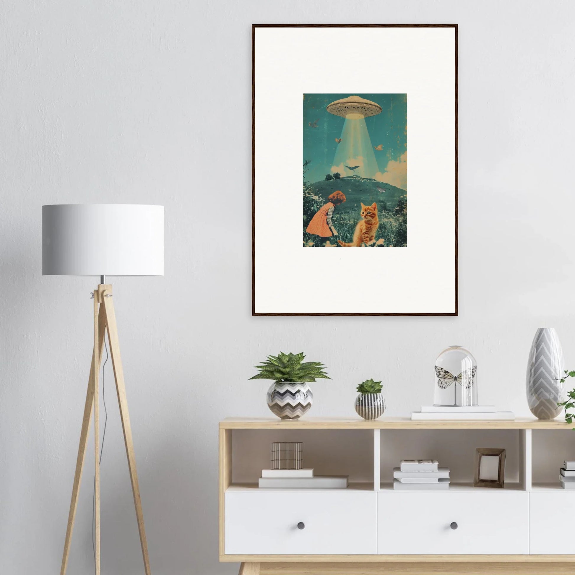 Framed canvas print of UFO over landscape with cats, perfect for Thought Meadows room decoration