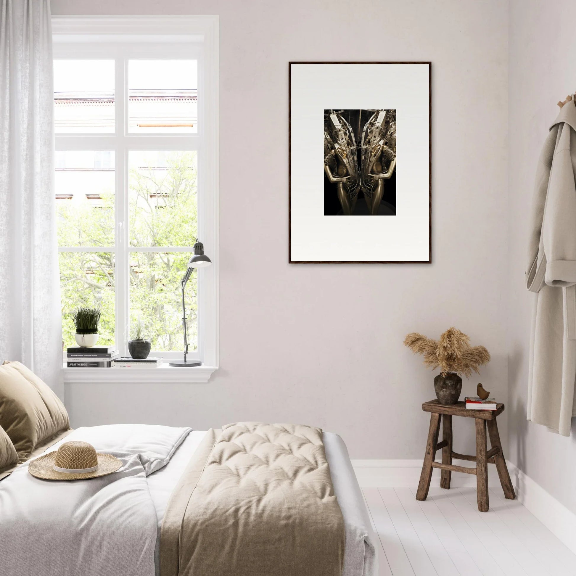 Serene bedroom with neutral tones and minimalist decor for machine dreams canvas print