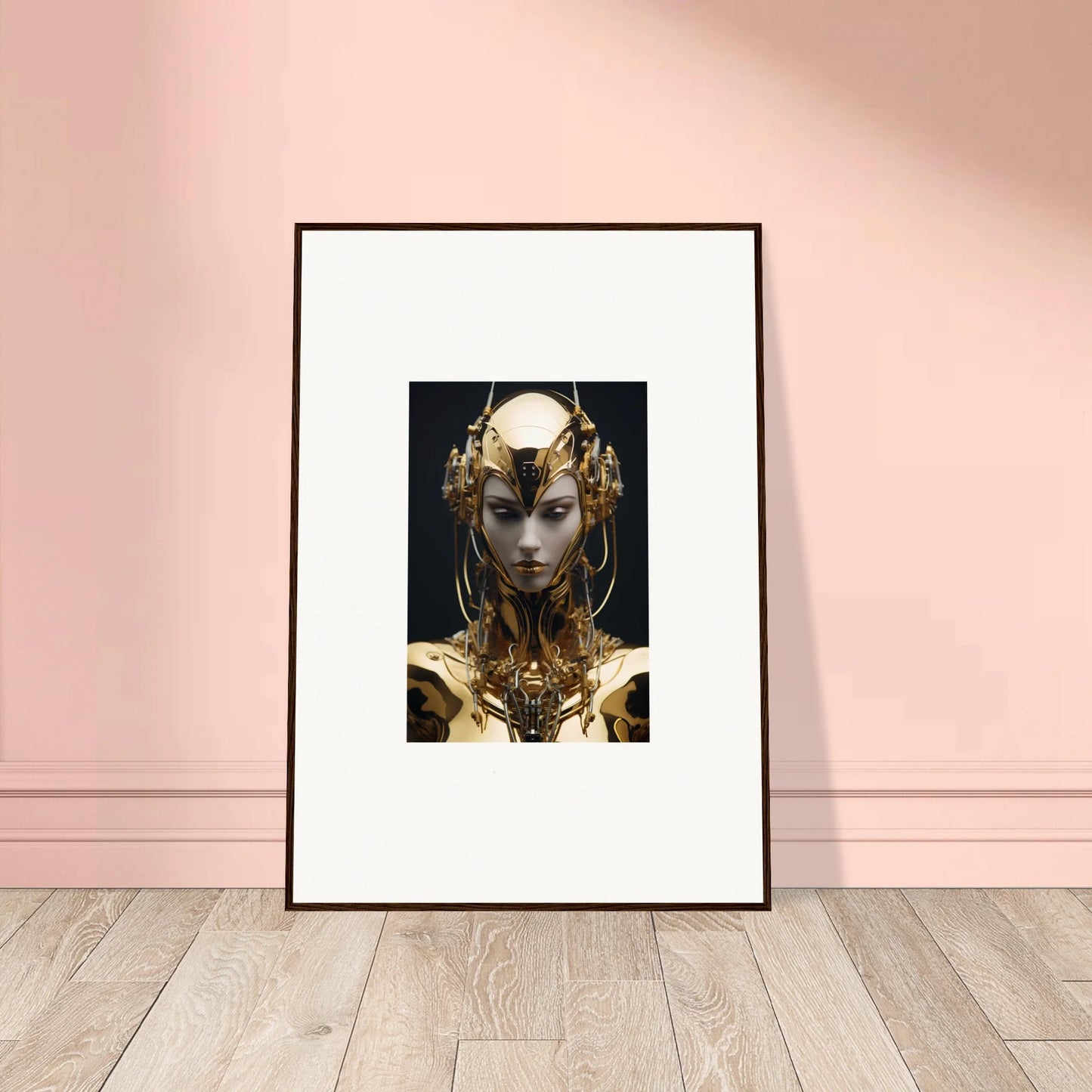 Framed canvas print of a Chirping Inventrix in a stunning golden headdress