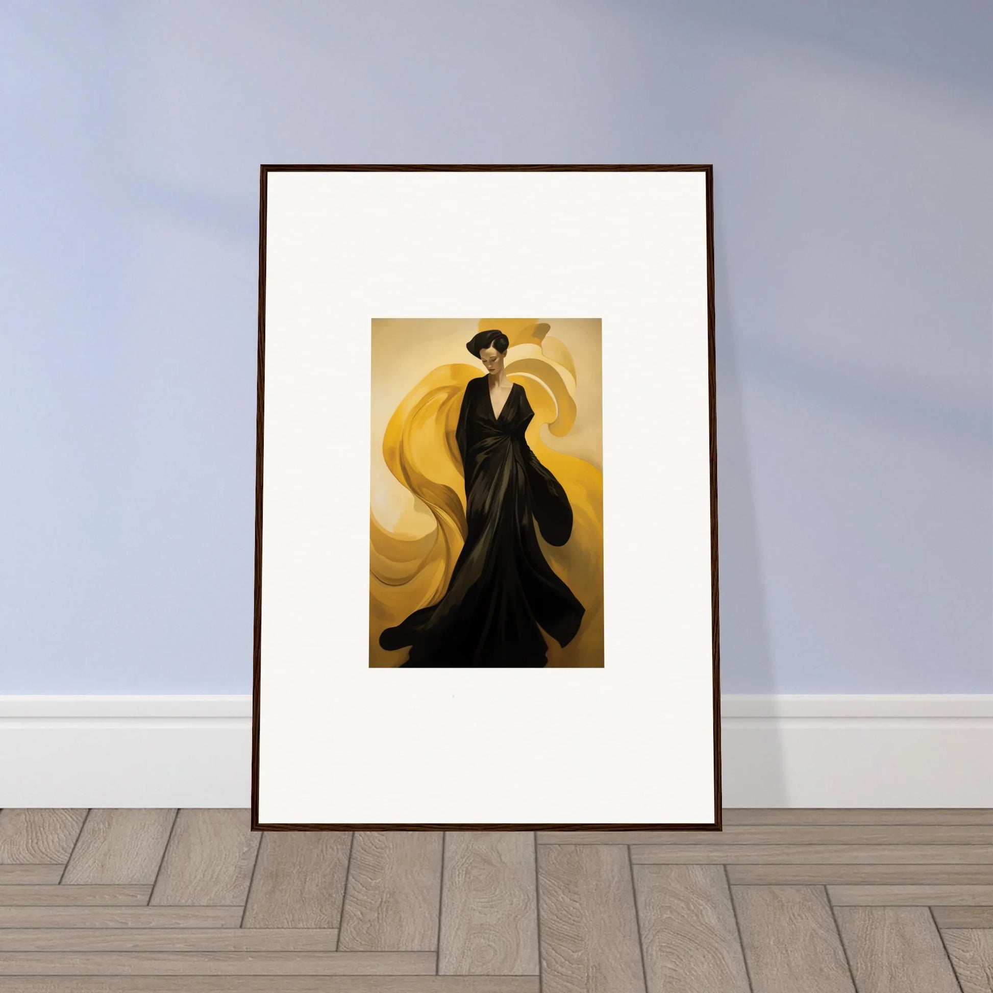 Stylized figure in black dress on golden canvas print for sun waves room decoration