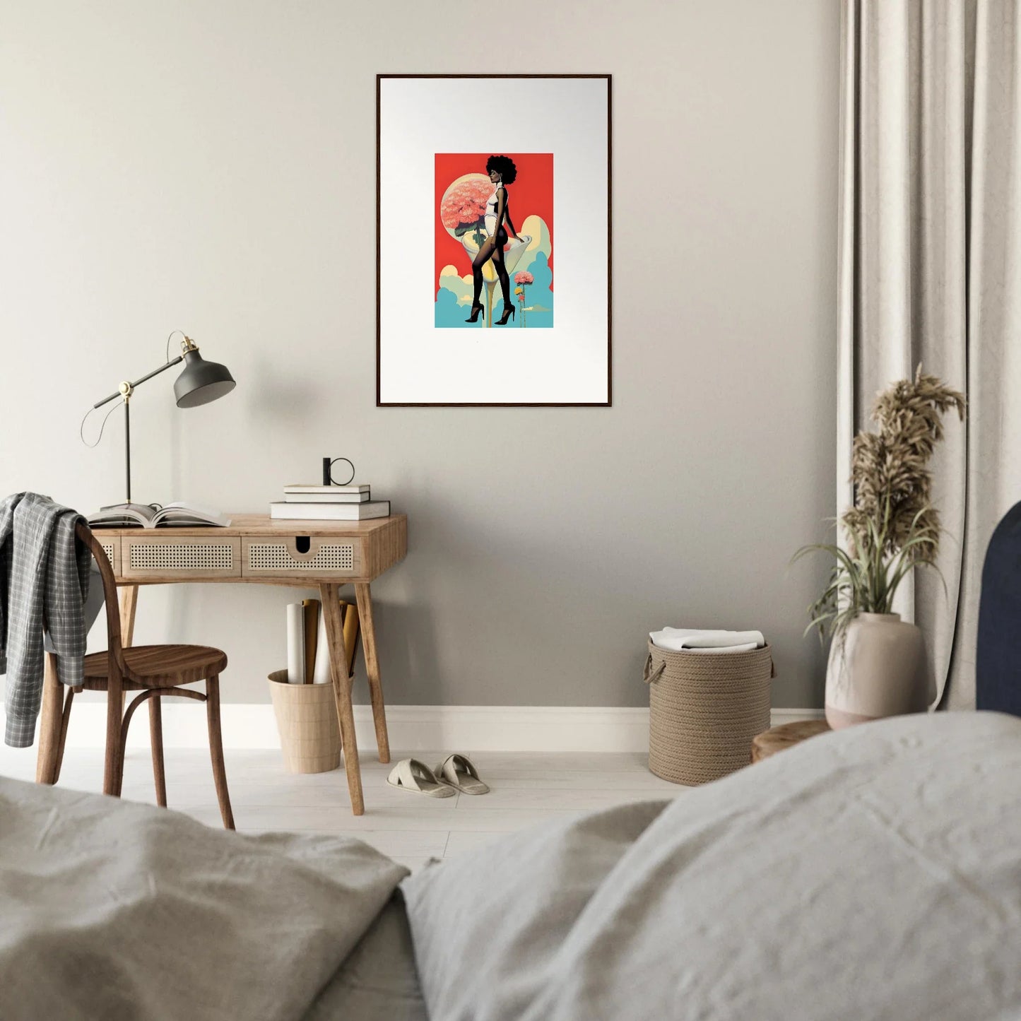 Framed canvas print of a figure playing cello in colorful floral highs, perfect for room decoration