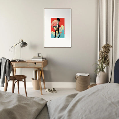 Framed canvas print of a figure playing cello in colorful floral highs, perfect for room decoration