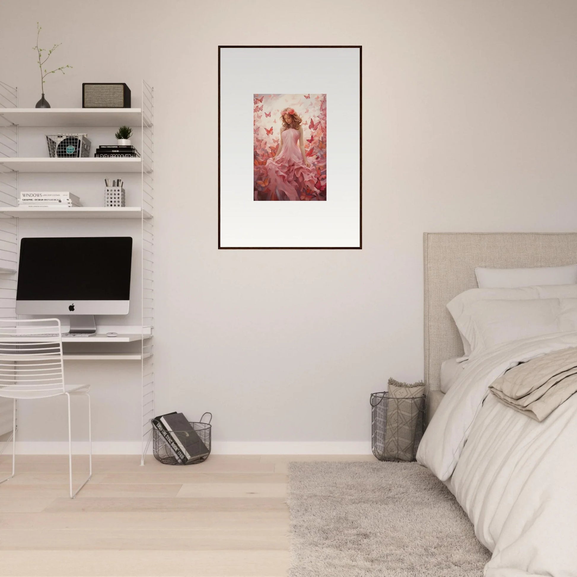 Framed canvas print of a figure with pink flowers for autumn lattice room decoration