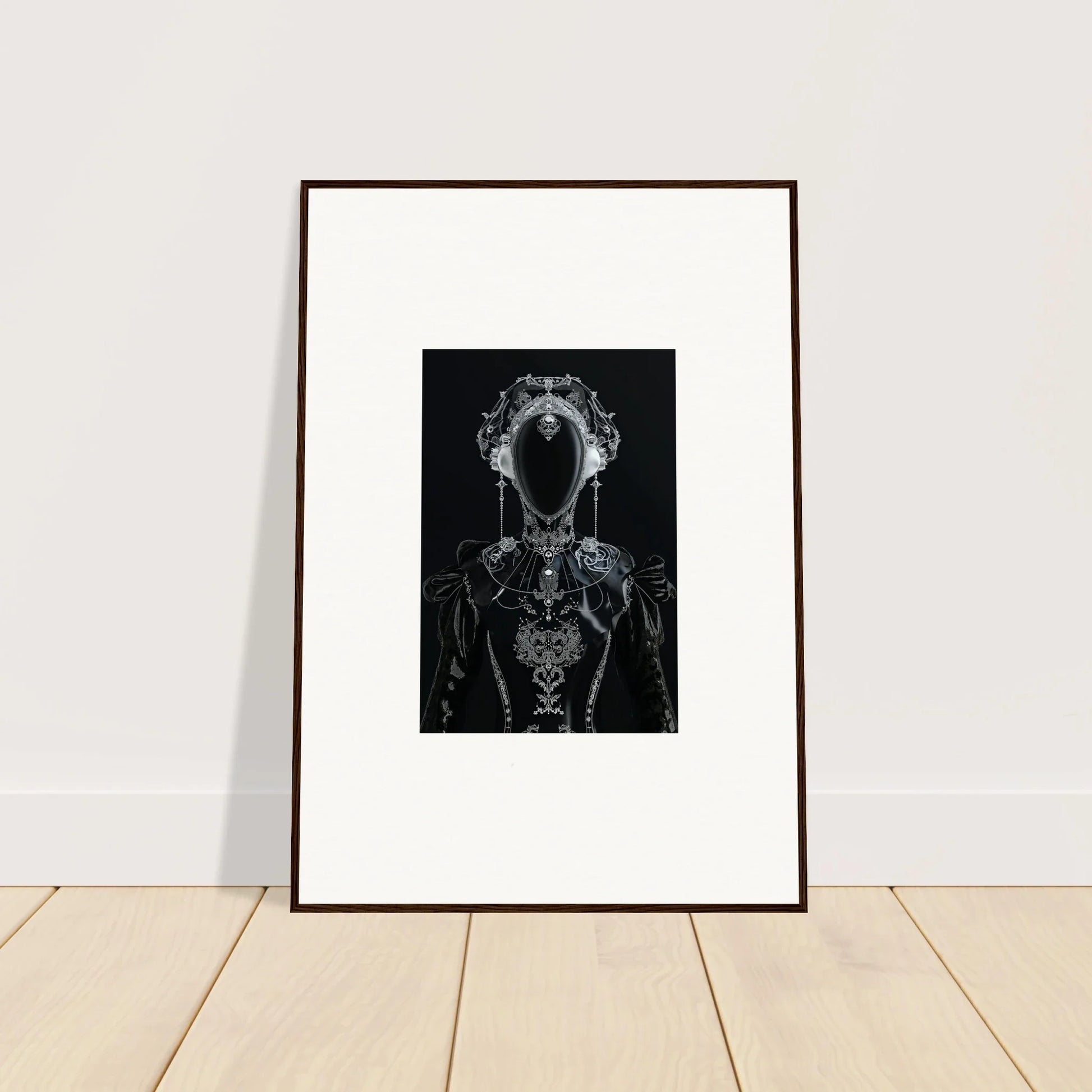 Framed black and white canvas print of a figure with floral design for cool room decoration