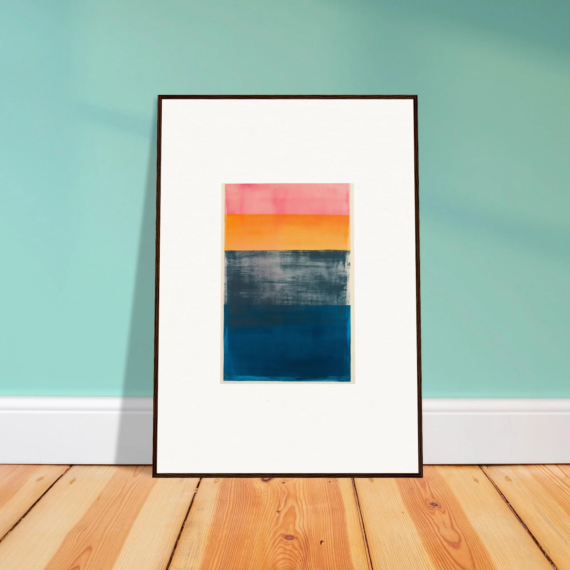 Framed canvas print of Sunset Blue Frequencies with colorful abstract blocks for room decoration