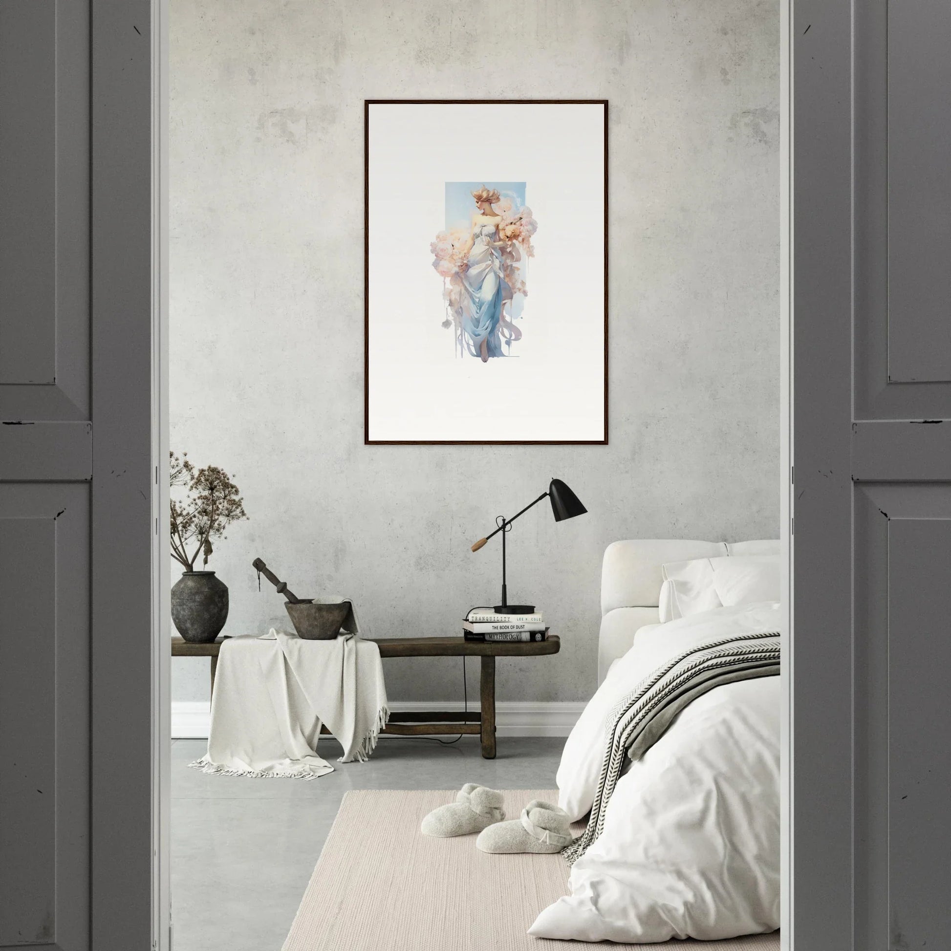 Framed watercolor of a figure with a baby, perfect for room decoration or canvas print