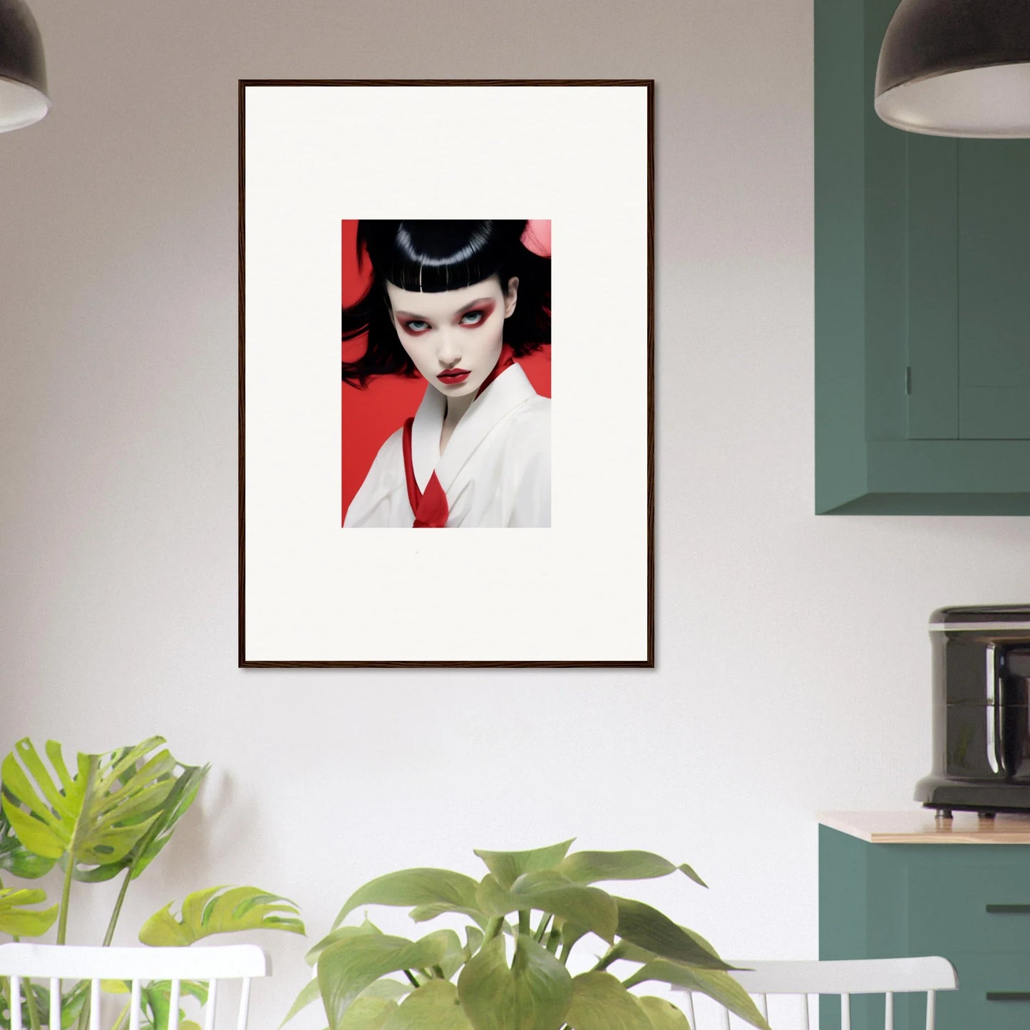 Framed canvas print of a geisha in red and white, perfect for cherry dream room decoration