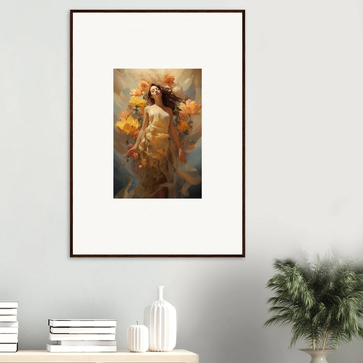 Framed canvas print of a woman in autumn leaves for cozy room decoration