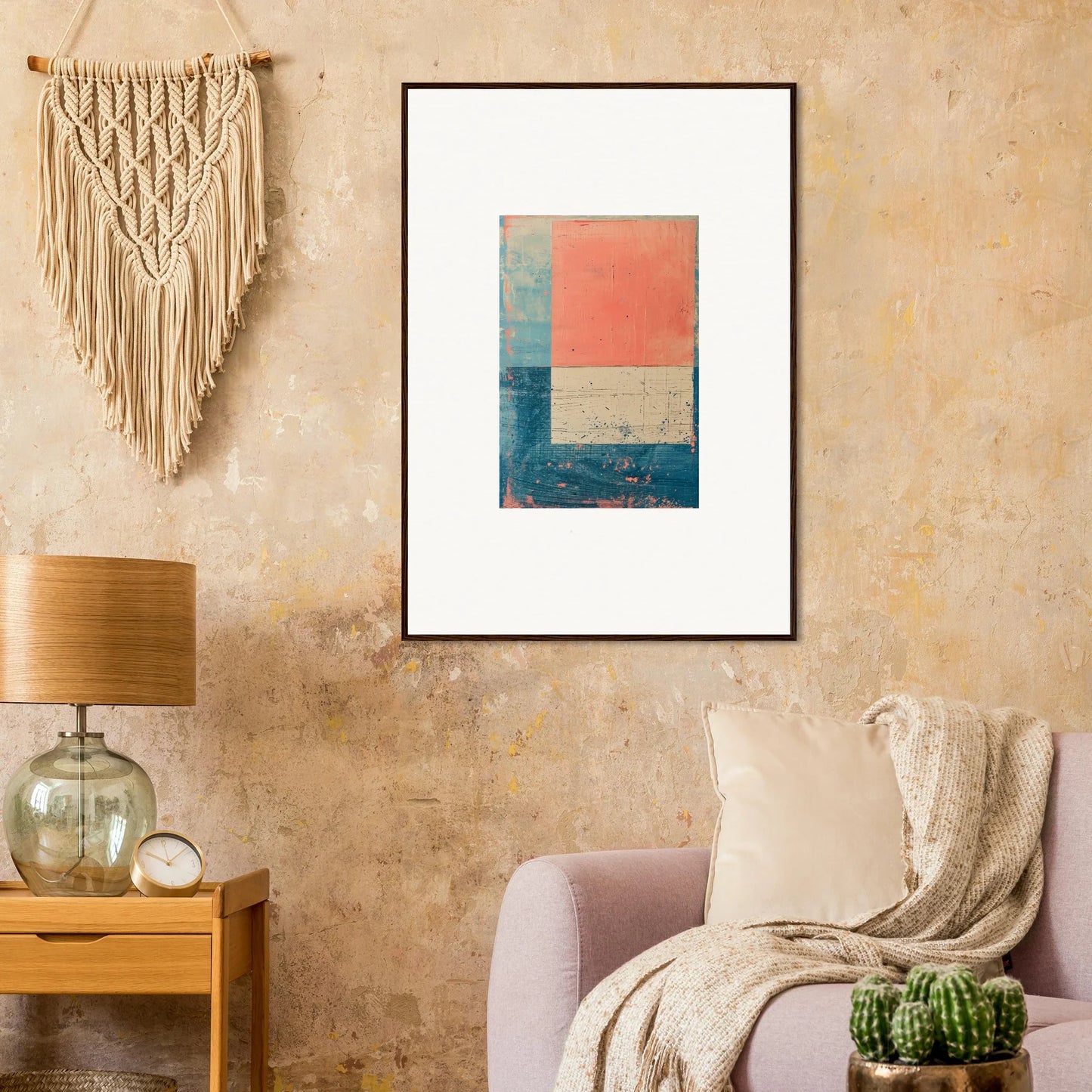 Framed canvas print of Palette Whispers with geometric blue, coral, and beige blocks