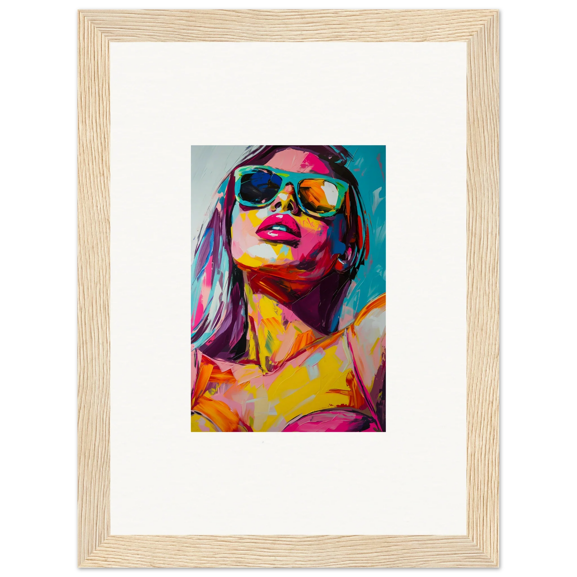 Colorful pop art portrait with sunglasses, perfect for room decoration as a canvas print