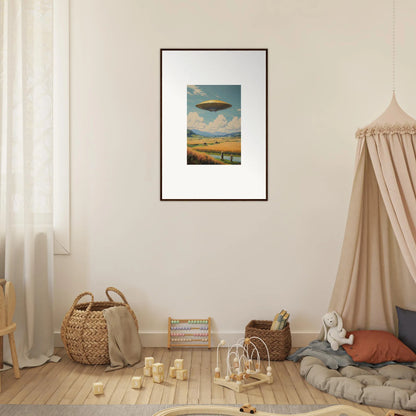 Framed canvas print of a UFO hovering over a landscape, perfect for room decoration