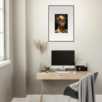 Minimalist home office with a wooden desk, computer, and Moulin Mystique canvas print