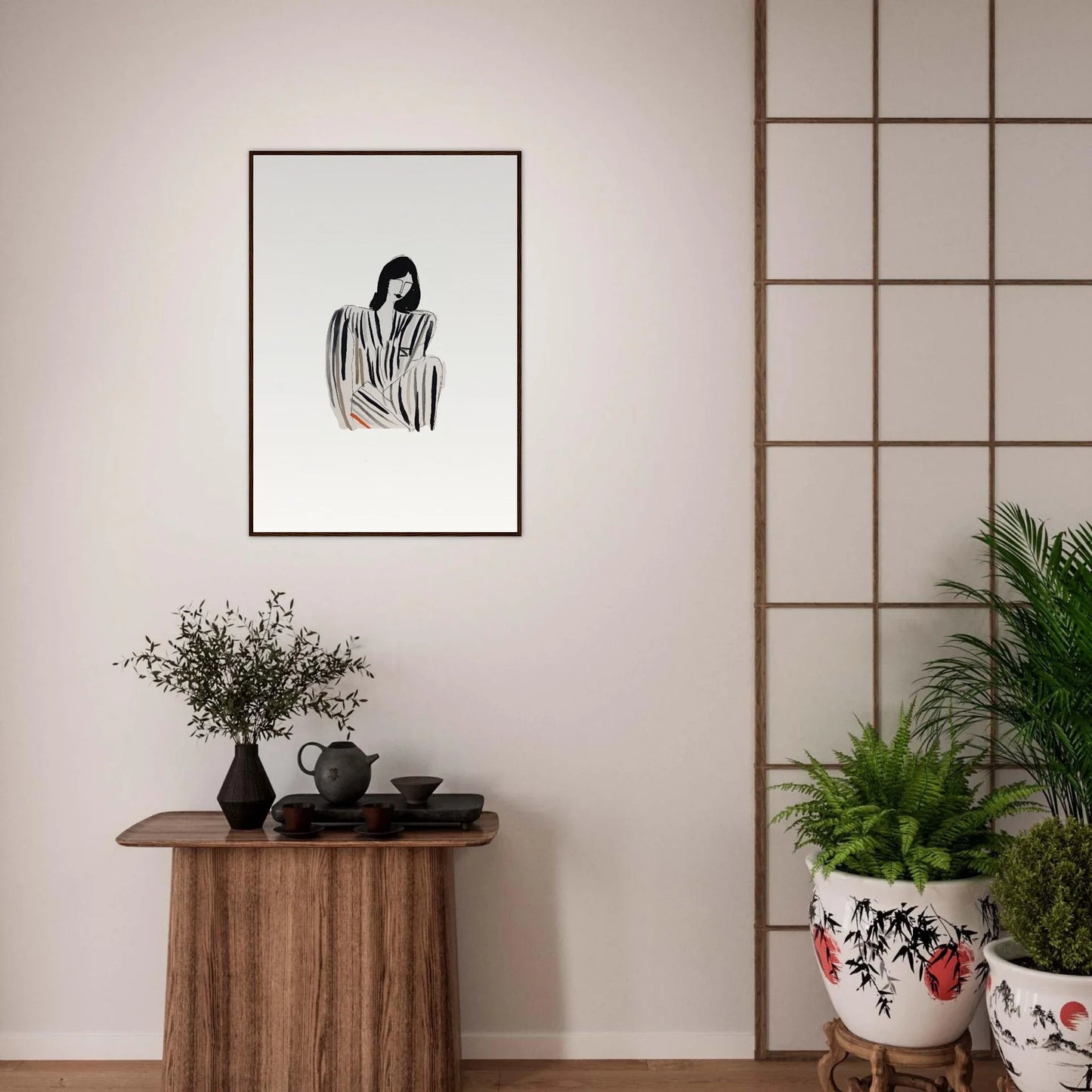 Framed black and white sketch of a figure for Striped Whispers Formals room decoration