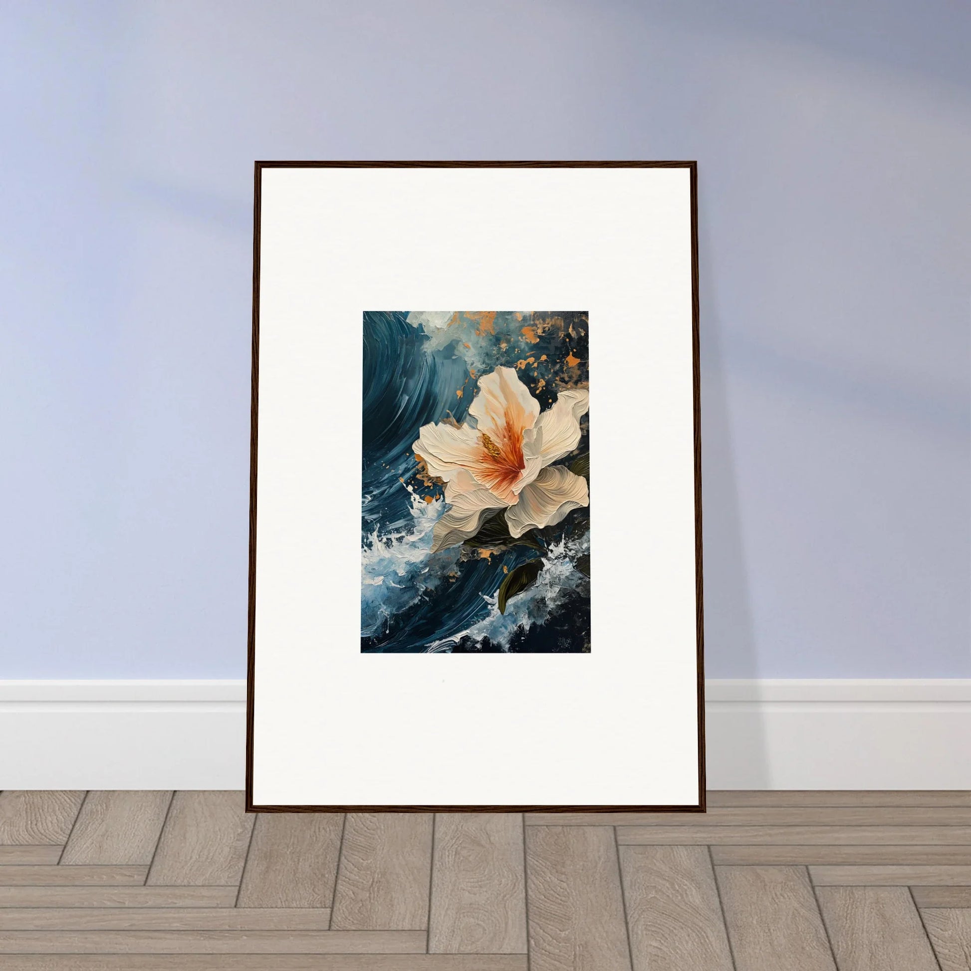 Framed canvas print of a delicate flower on dark petal waves for stylish room decoration