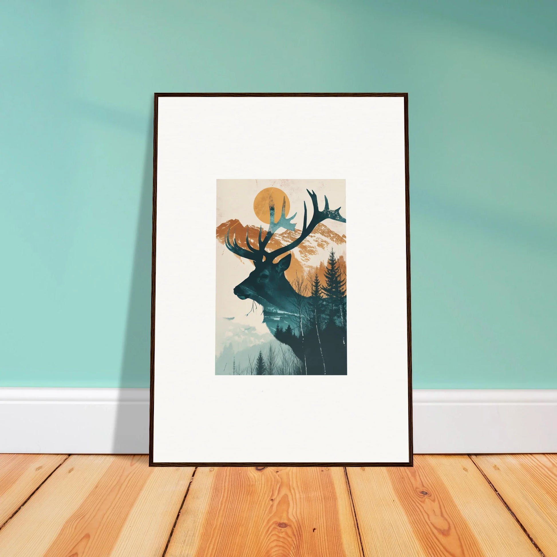 Framed canvas print of a deer silhouette filled with a sunset forest for room decoration