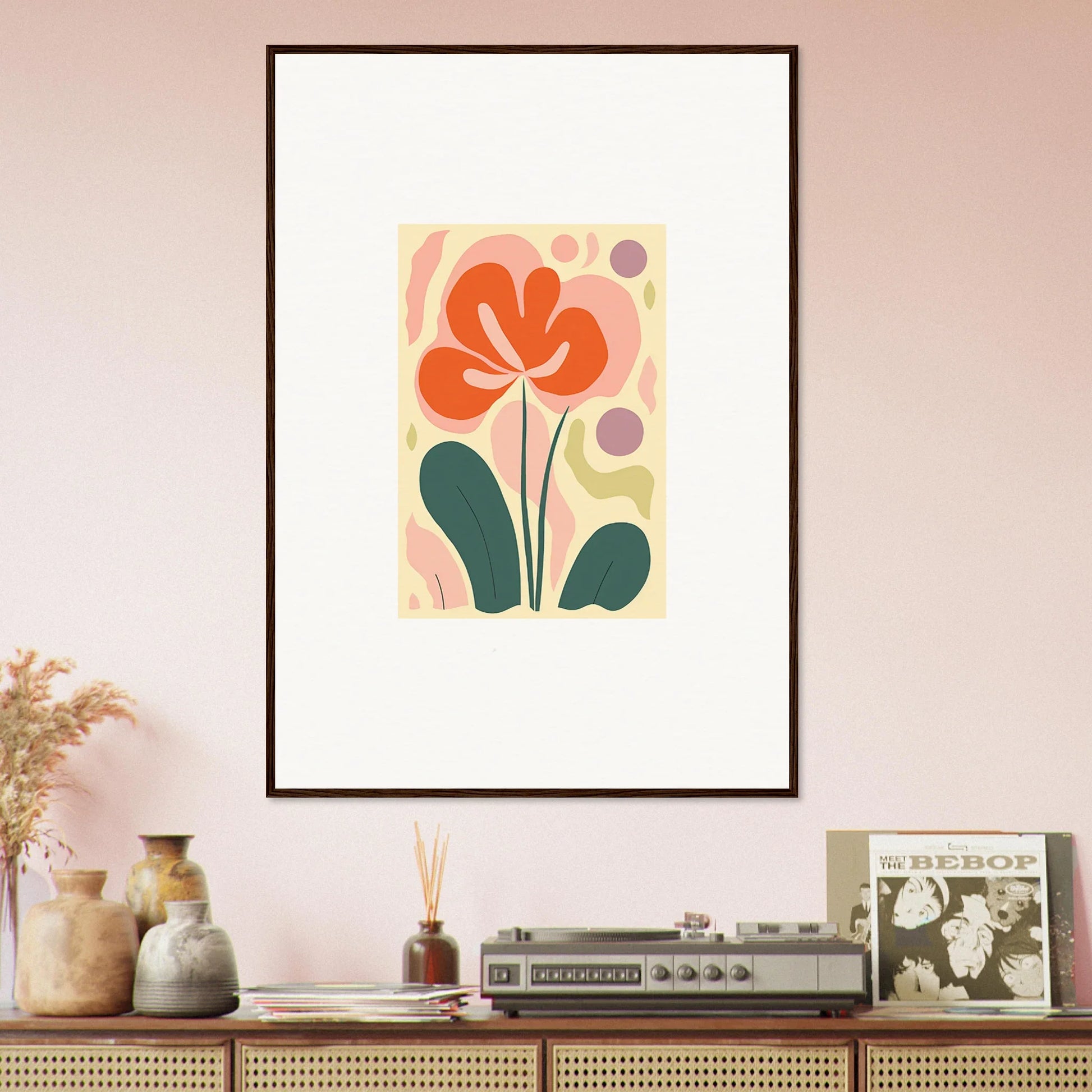 Framed abstract floral canvas print with an orange flower for fun echoes whimsy room decoration