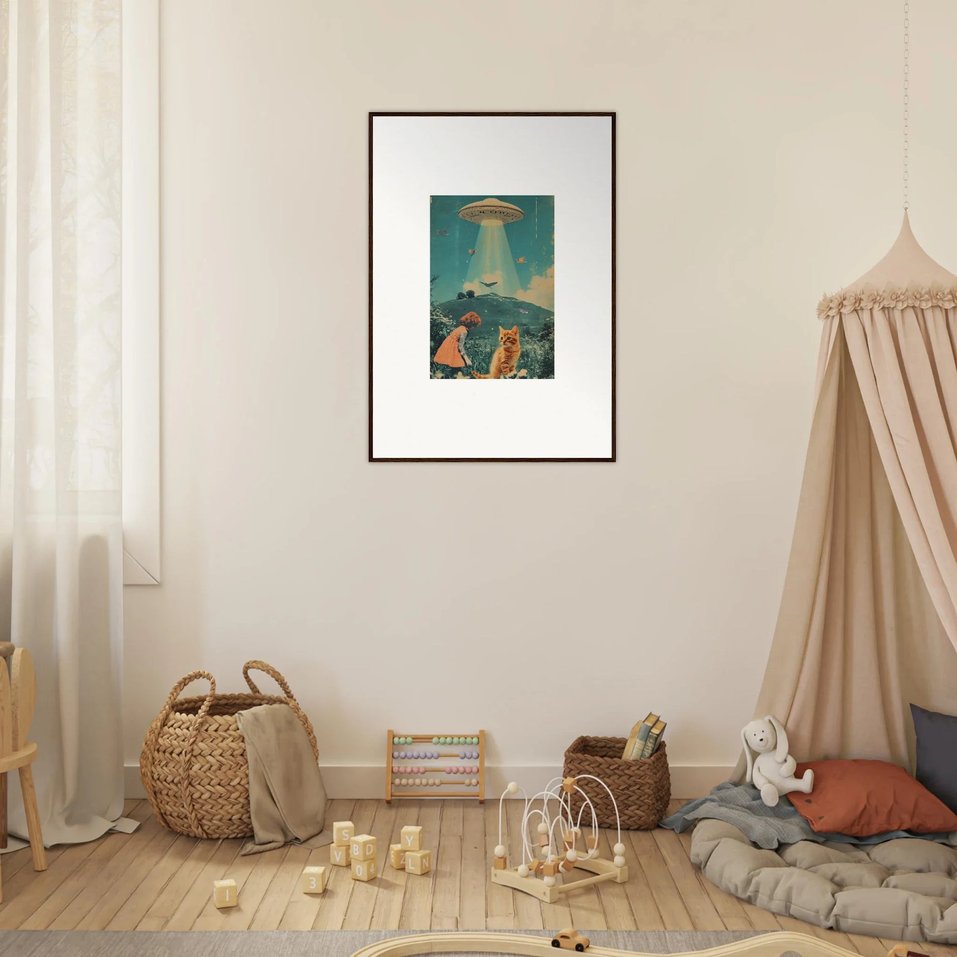 Framed canvas print of a UFO over beachgoers for unique room decoration vibes