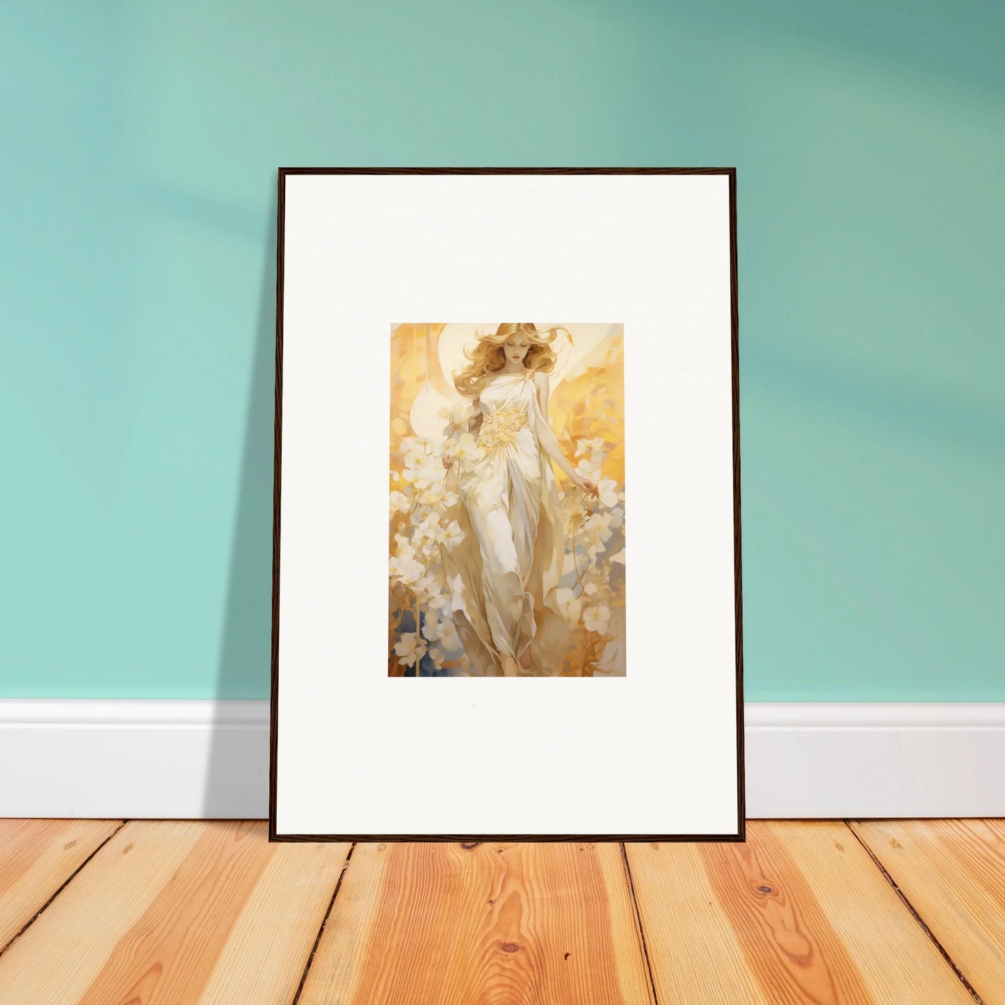 Framed canvas print of Etherial Blossom Reverie in soft yellow for room decoration