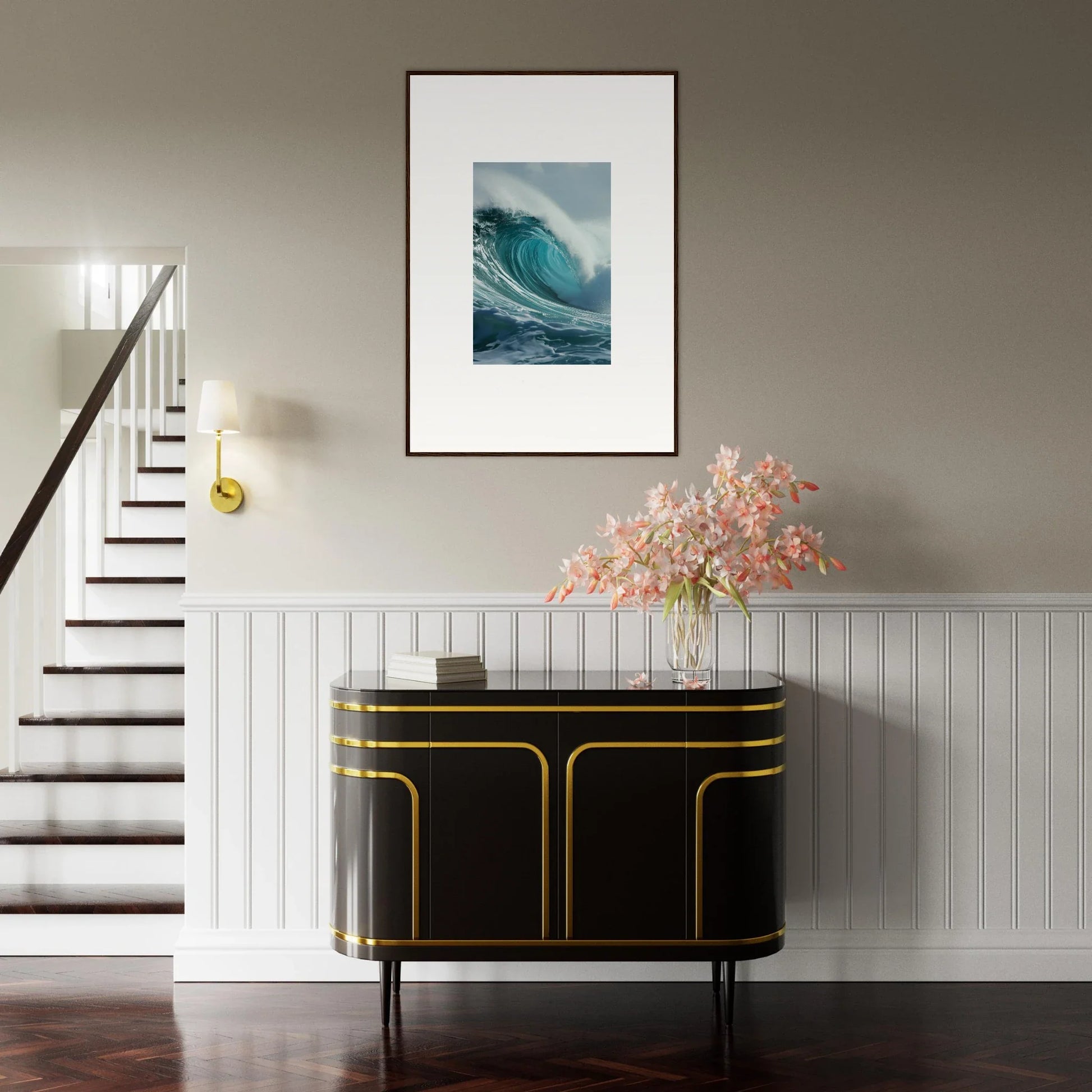 Elegant black sideboard with gold trim perfect for stylish room decoration in Whispering Oceans