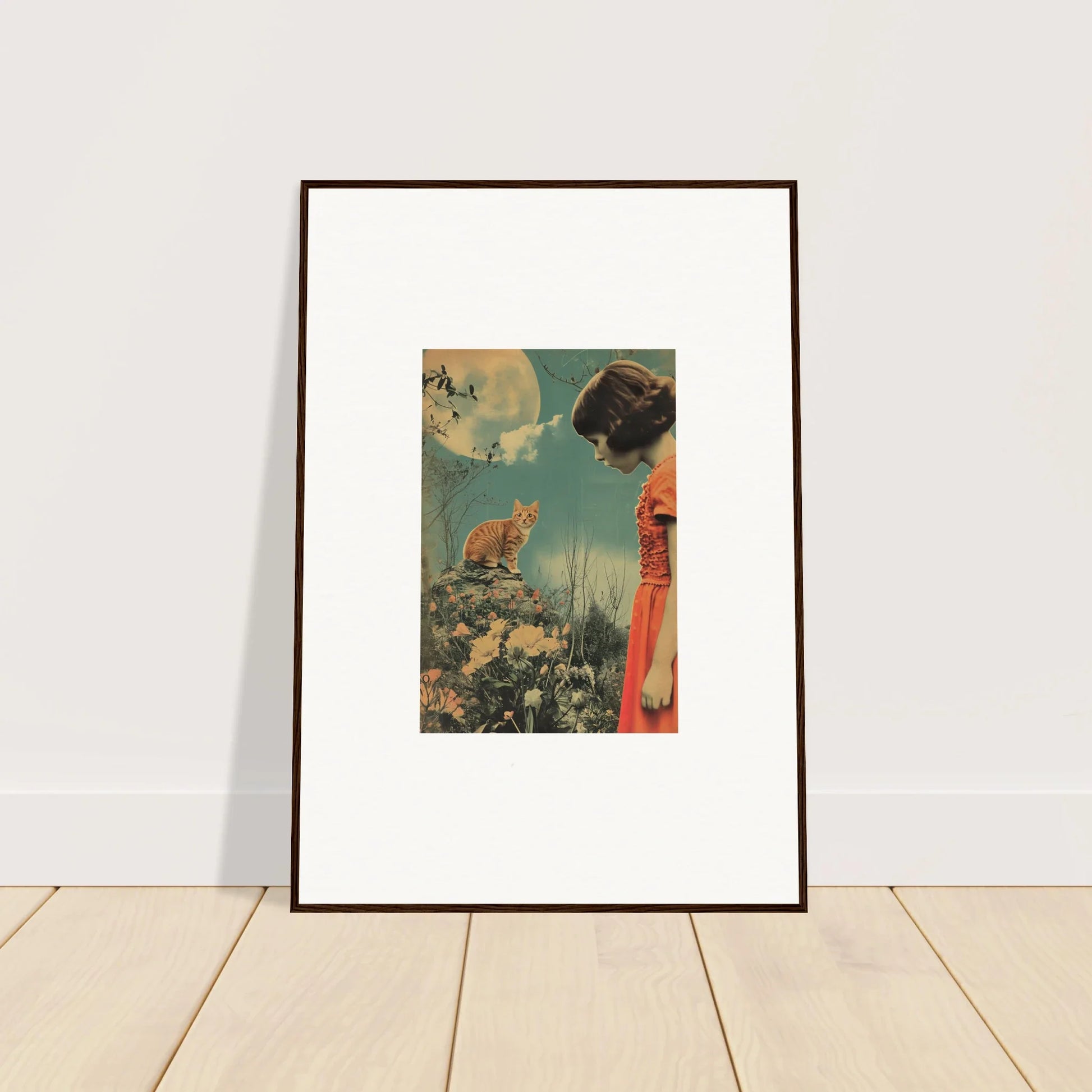 Framed canvas print of a woman in a red dress and cat, perfect for Flora Reverie room decoration