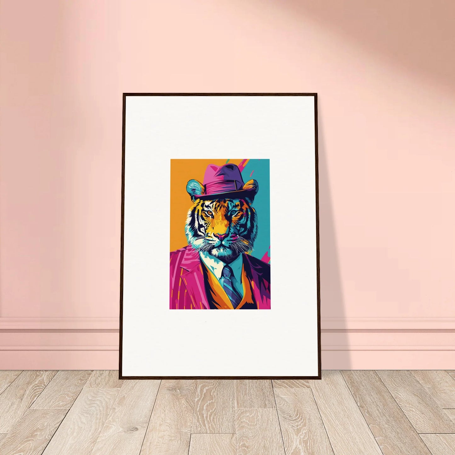 Framed colorful pop art tiger canvas print for unique room decoration in Combo Renaissance style