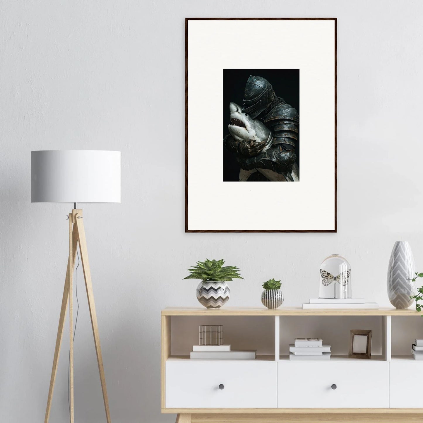 Framed black and white canvas print of a shadowy figure with a cat for unique room decoration