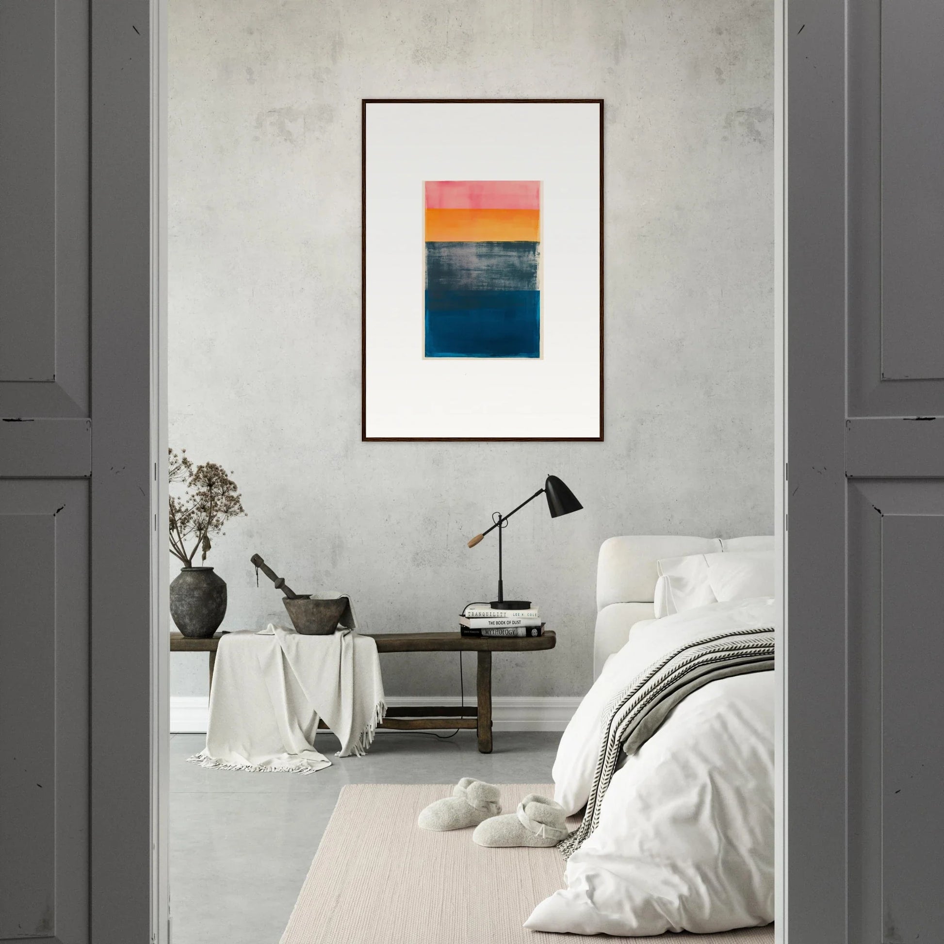 Abstract painting in wooden frame with orange, yellow, and blue frequencies for room decoration