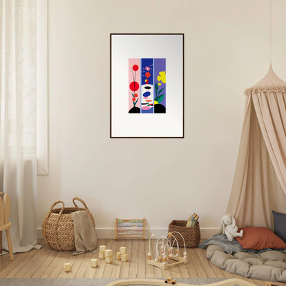 Framed abstract canvas print of colorful geometric shapes for a vibrant Huescape Bloom room decoration