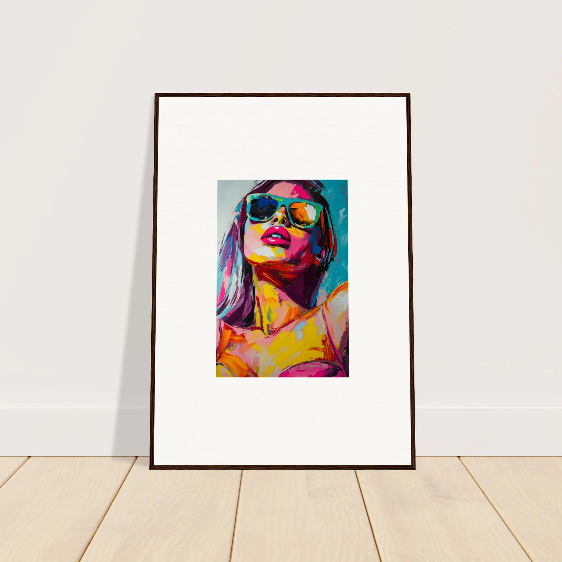 Framed colorful portrait of a person in sunglasses for trendy room decoration