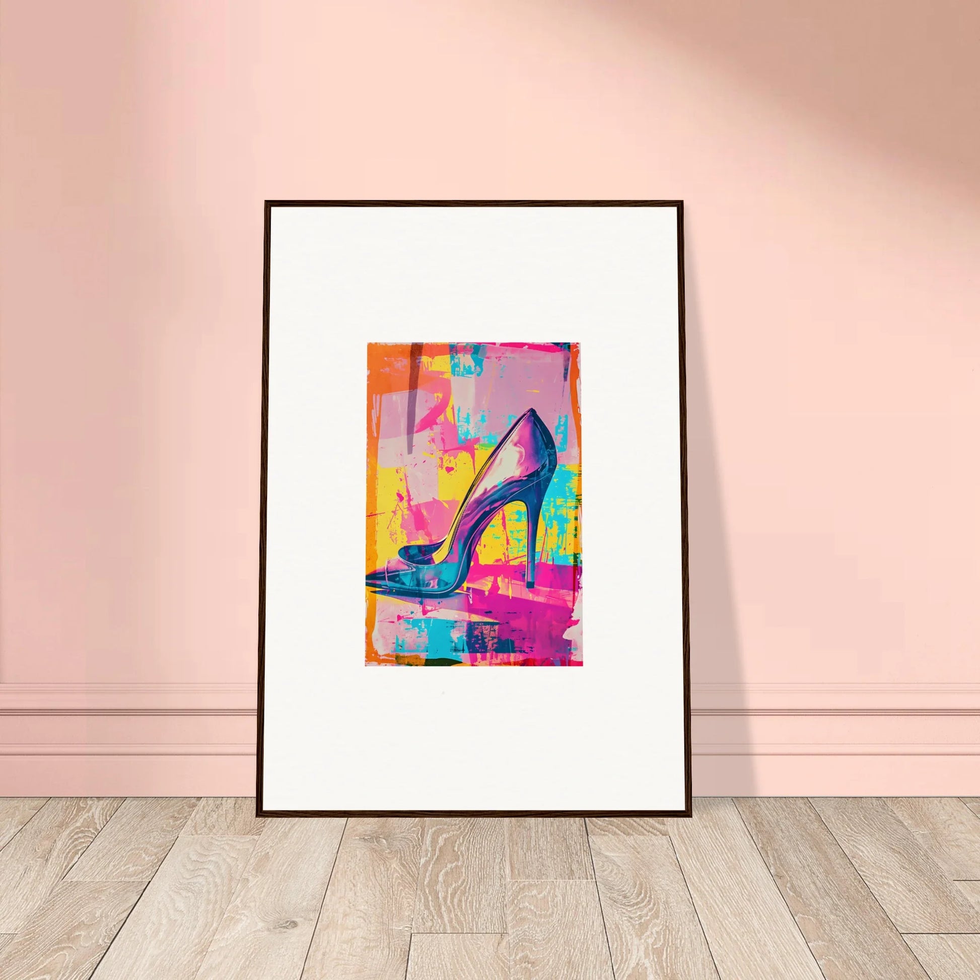 Colorful abstract painting of a high-heeled shoe for stylish room decor and framed wall art