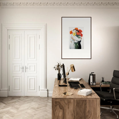 Elegant home office with wooden desk and Floral Vortex Embrace canvas print