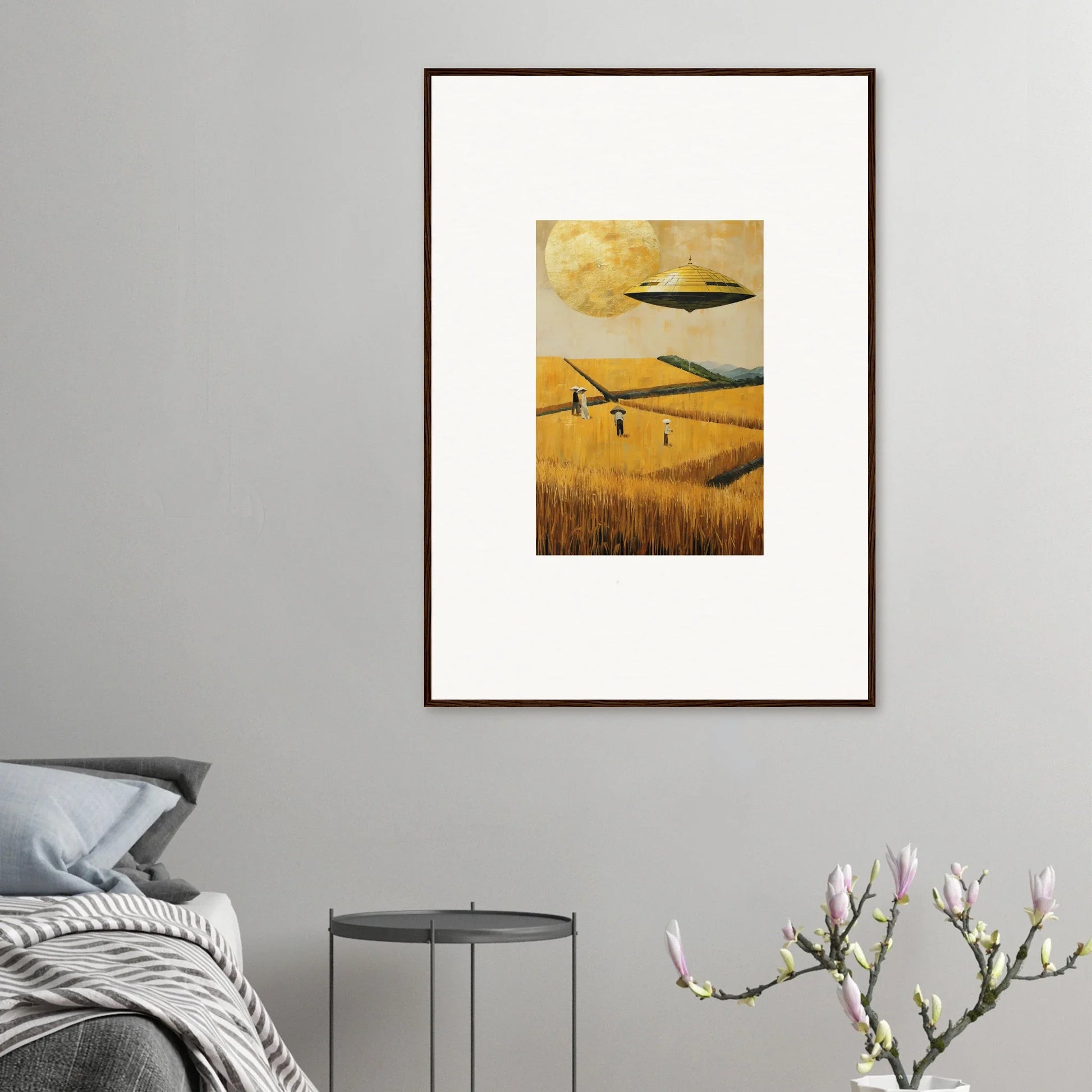 Framed canvas print of a UFO over a melancholy field, perfect room decoration