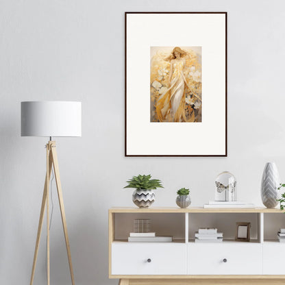 Framed canvas print of a figure in golden robes, perfect for whispering petals room decoration