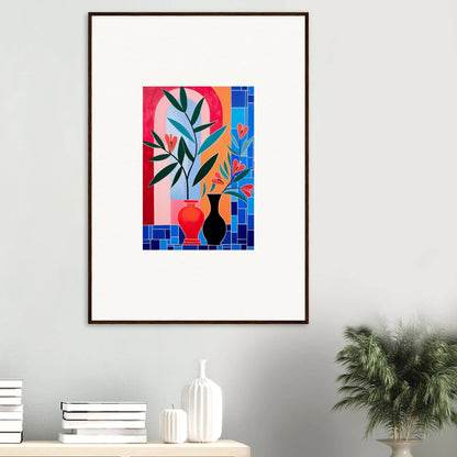 Framed wall art of colorful ceramic blooms in vases with a geometric background