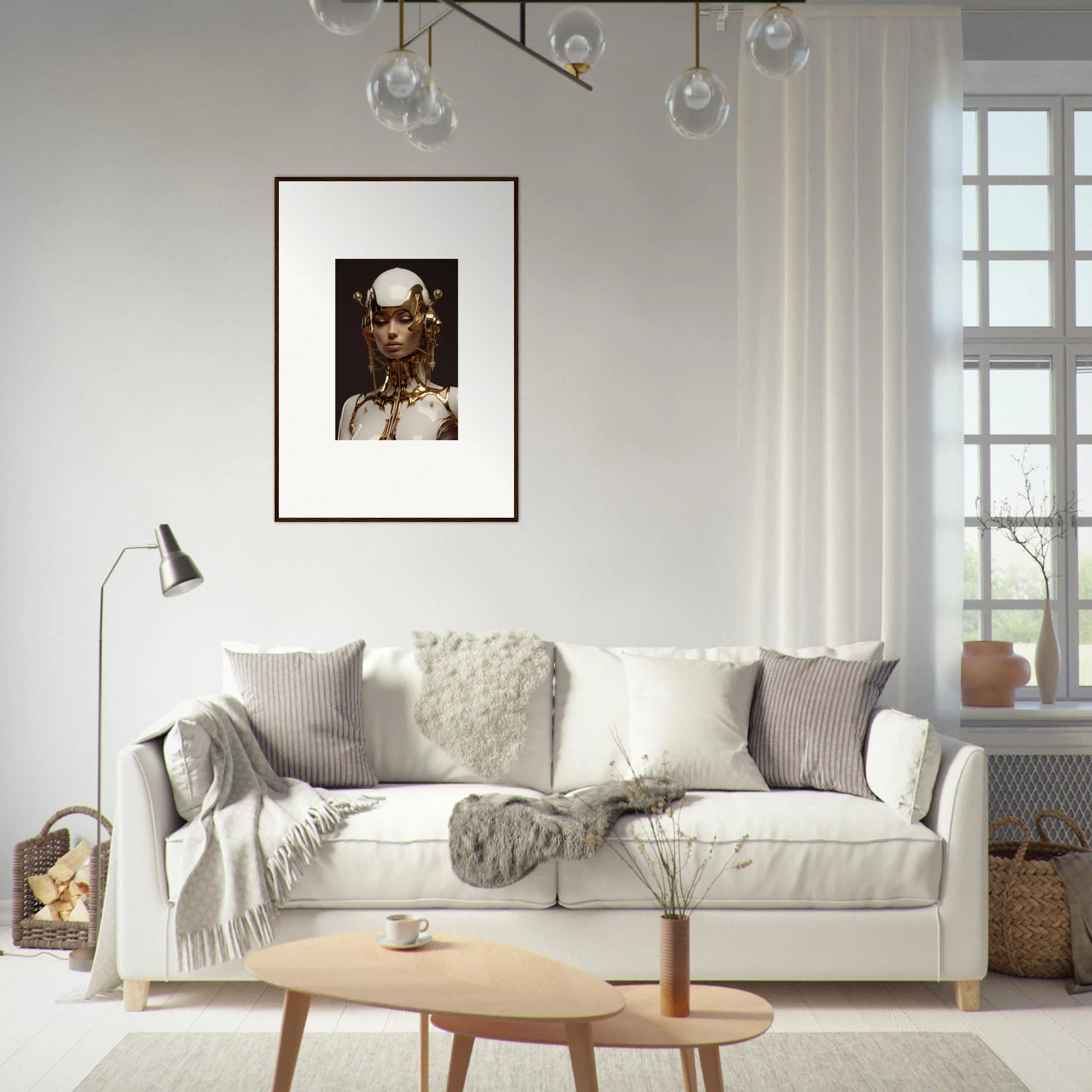 Cozy white sofa with gray pillows perfect for stylish room decoration and wall art