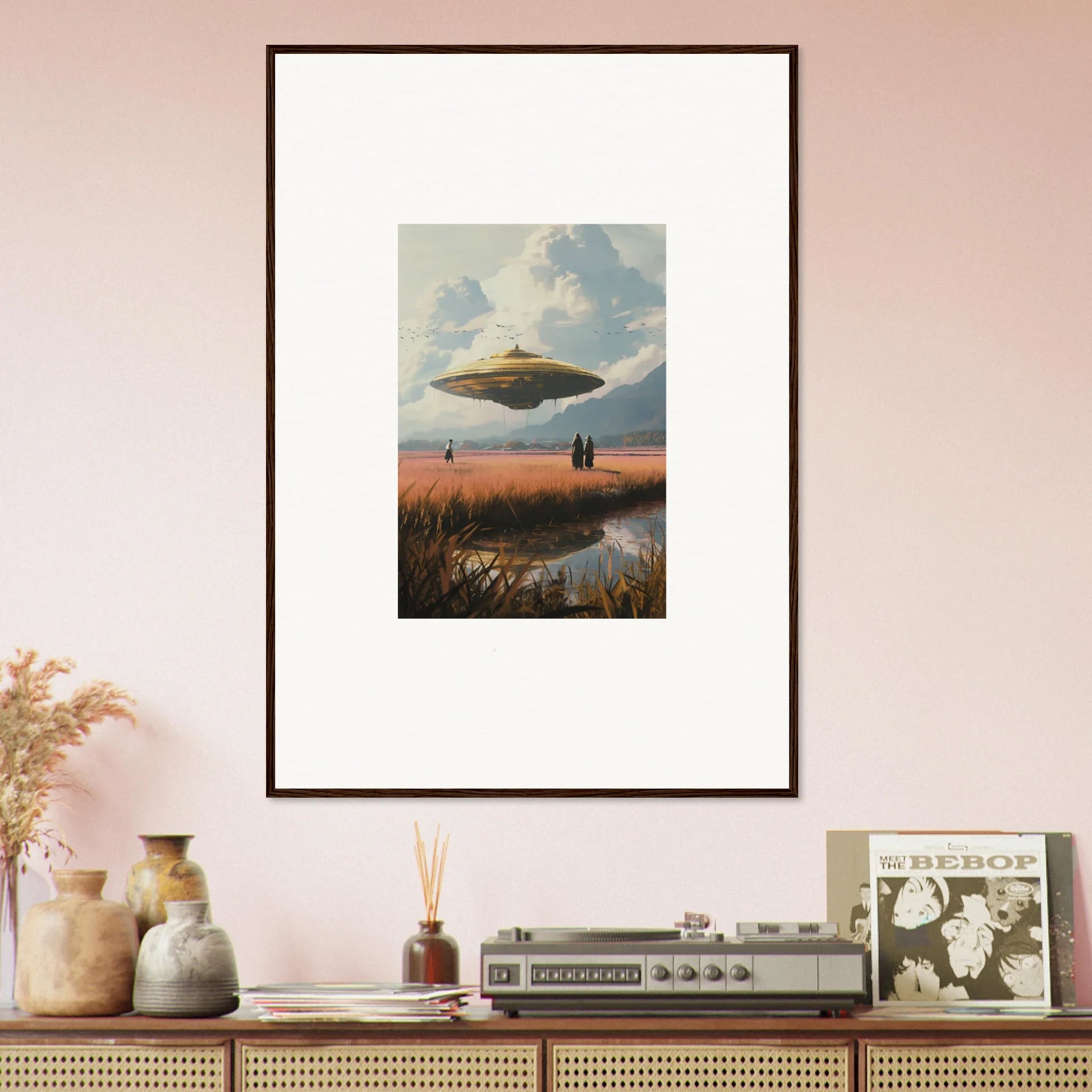 Framed canvas print of UFO over rural landscape, perfect for drifting suns room decoration